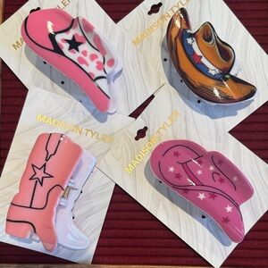 Set of 4 Cowgirl claw clips- 3 cowgirl hats and a cowgirl boot pinks and USA